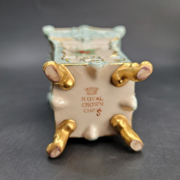 Royal Crown China Vase Square Floral Signed Green Cream Gold Trimmed Cr603 - Picture 7 of 8